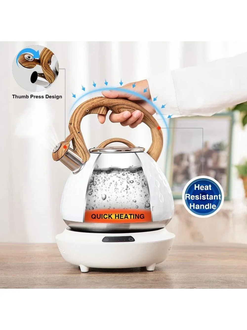 White Kitchen Whistling Tea Kettle 2.7QT Stainless Steel Diamond Design Stovetop